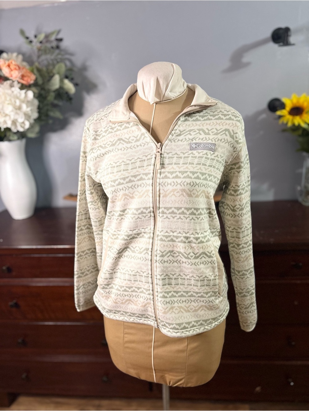 Columbia Cream & Light green/ Patterned Full-Zip Teddy Jacket
